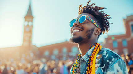 Joyful young Black man with dreadlocks and colorful sunglasses smiling brightly at outdoor festival under sunny sky, surrounded by vibrant crowd and blurred historic architecture.