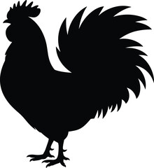 Rooster silhouette illustration, farm animal figure, standing bird posture, nature design artwork, isolated black chicken, rural lifestyle vector, poultry graphic