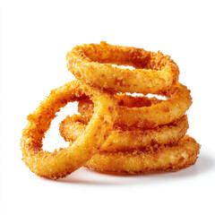 Crispy fried onion rings stacked white background with golden
