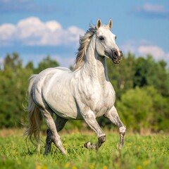 A graceful, white horse gallops through a sunlit meadow, mane flowing in the wind, under a bright, cloud-dotted sky