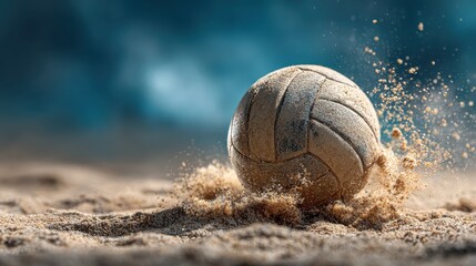 Closeup Of A Spherical Ball On Sandy Beach With Dust And Blue Horizon