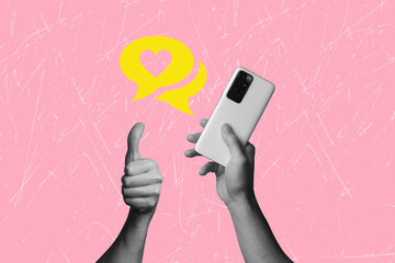 Contemporary art collage on the theme of social networks. There is a notification about a LIKE on the phone. Promotion of a personal page in social networks	