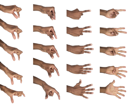 Counting hand gesture, holding positions set. Black skin male making mathematical and expressive