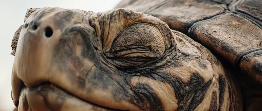 An extreme close-up, slow-motion video of an ancient tortoise blinking. The wrinkled eyelid and detailed skin show wisdom and age.