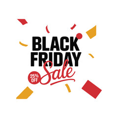 Black Friday Sale Banner with 25% Off Text and Confetti Decoration – Modern Promotional Design