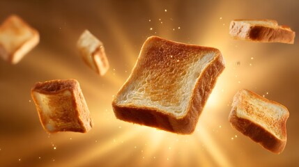 Fresh crispy toasts floating in the air with crunchy texture and warm morning breakfast vibes