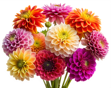 Vibrant bouquet of dahlia flowers isolated on white background