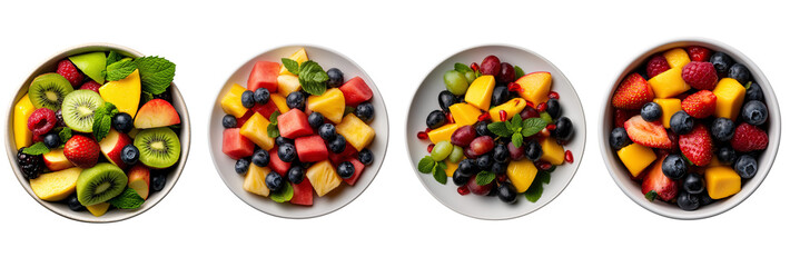 set of top view  plate of freshly chopped fruit salad, including pineapple chunks, blueberries, and watermelon cubes isolated on transparent background	
