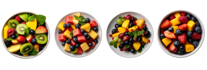 set of top view  plate of freshly chopped fruit salad, including pineapple chunks, blueberries, and watermelon cubes isolated on transparent background	
