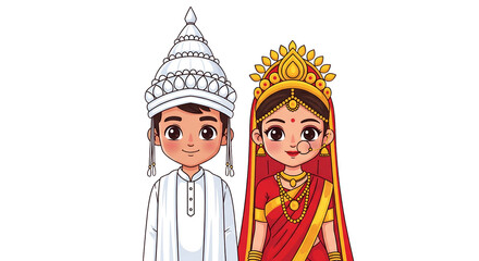 Obraz premium Cartoon Indian Wedding Couple: Bride and Groom Illustration