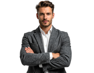Confident Man in Gray Tweed Jacket with Arms Folded, Front-Facing Studio Portrait, Transparent Background