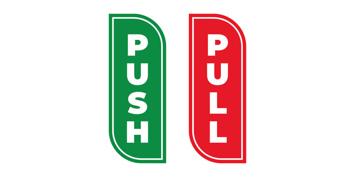 Bright green and red push pull door sign icon, simple and bold design for entrance and exit labeling in offices, shops, and public spaces.