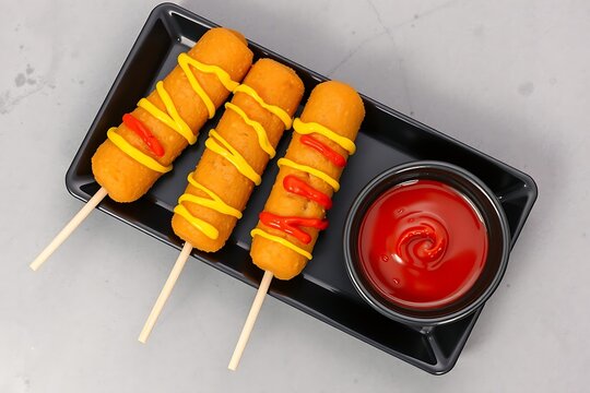 Generative AI delicious corn dogs with ketchup and mustard