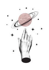 A woman s hand points to the planet Saturn, surrounded by stars. A minimalist surreal collage in a monochrome halftone style. Vector illustration related to astrology.