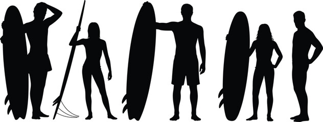 Surfing silhouette illustration, surfers with boards, paddleboard figure, beach lifestyle vector, water sport design artwork, isolated black human graphic