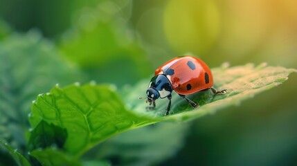 Fototapeta premium Macro Photograph of Ladybug on Leaf