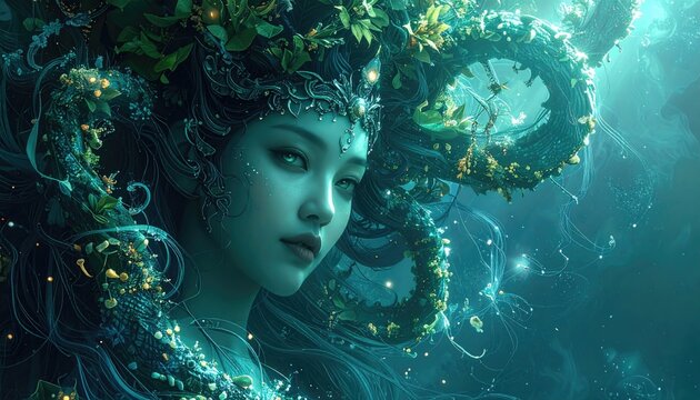 Enchanted Woman with Teal and Gold Forest Hair