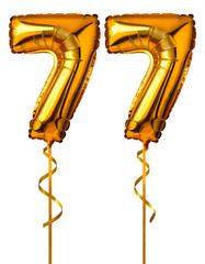 数字の77の形の金色の風船とリボン（Number 77 gold foil balloon on white background）
