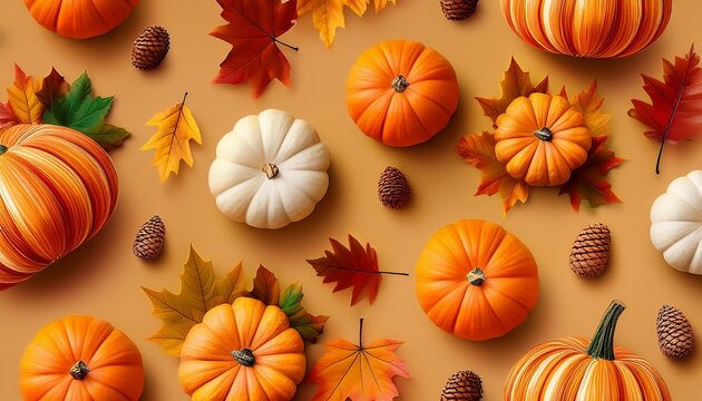 Seamless Pattern Of Autumn Pumpkins Acorns And Leaves In Warm Tones