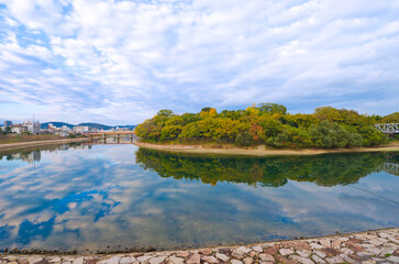 Blue bridge across Asahi River from Okayama Castle to Korakuen Garden