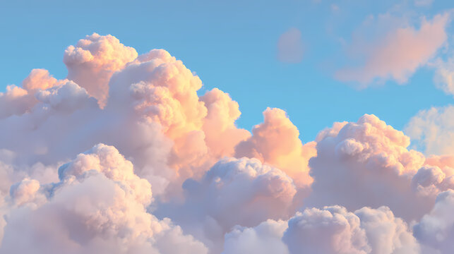 A serene view of fluffy clouds against a blue sky, ideal for adding a touch of calmness and tranquility. The clouds are illuminated with a soft, warm glow