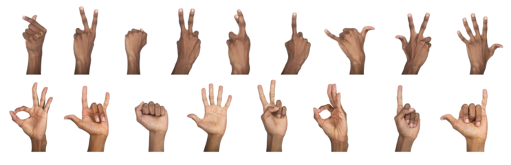 Hand close up set with ok, peace, shaka, and pointing signs. Black skin male making expressive