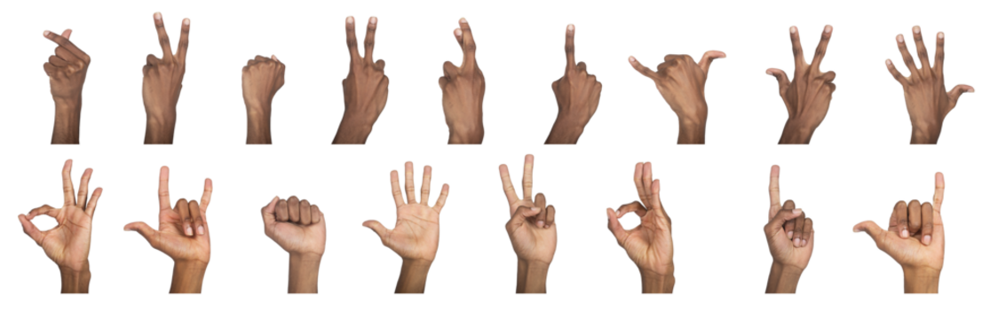 Hand close up set with ok, peace, shaka, and pointing signs. Black skin male making expressive