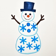 A child's drawing of a snowman with snowflakes and a blue top hat.