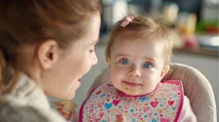 Happy Baby Enjoying Meal with Mother, Spoon Feeding in High Chair, Colorful Bib with Hearts, Family Bonding Moment at the Table