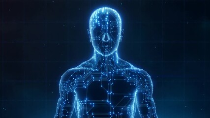 Humanoid Figure Composed of Glowing Blue Digital Data and Circuitry robot android. - Powered by Adobe