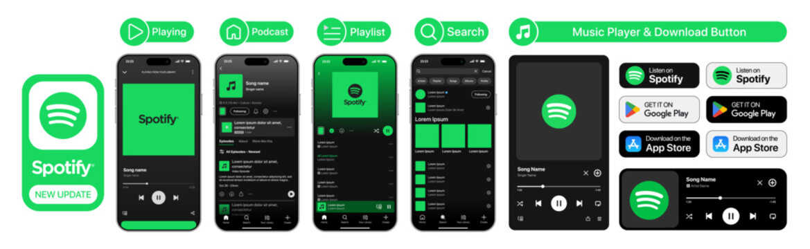 Spotify advanced music player mockup with playlist browsing, lyrics sync, visual equalizer, album artwork animation, seamless transitions, playback controls and queue list.