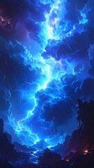 Dramatic view of a blue sky filled with lightning