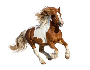 Fototapeta premium A majestic horse with a flowing mane and coat of brown and white gallops gracefully against a stark white background