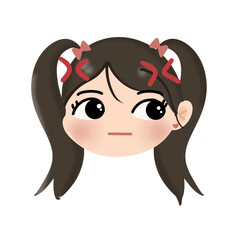 Kawaii cartoon girl with pigtails showing annoyed expression. Cute chibi emotion illustration.