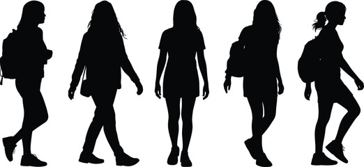 Walking people silhouette, student with backpack, traveler figure design, human motion illustration, group walking vector, lifestyle graphic, isolated black figure art