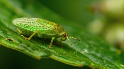 Close-up of a tiny leafhopper resting on a fresh green leaf, showing its delicate body, transparent wings and intricate details. The insect blends with natural foliage, representing nature, wildlife, 