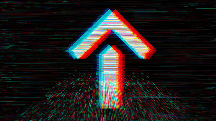 A vibrant glitch effect up arrow against a dark background, representing an upward direction or progress. The red and cyan create a distorted, digital aesthetic.