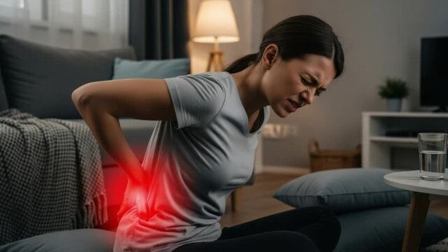 Woman experiencing severe lower back pain, highlighted with red, sitting on floor