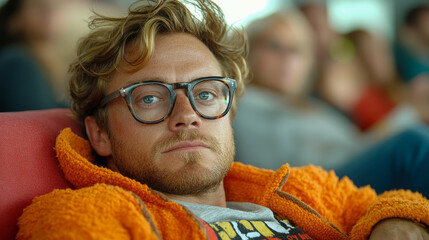 Close-up portrait of thoughtful man with curly blonde hair, wearing glasses and orange fleece jacket, looking directly at camera with blurred background of people.