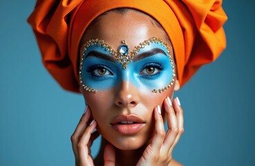 Obraz premium Vibrant woman with elaborate blue makeup and orange headwrap posing against a blue background