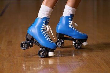 Bright Blue Roller Skates on Smooth Wooden Floor Perfect for Indoor Skating Adventures and Leisure Activities