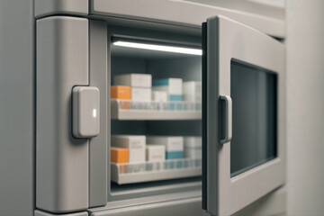 Automated Healthcare Cabinet Opened to Reveal Organized Medicine Boxes Indoors with Soft Lighting and Clean Design for Modern Medical Environment