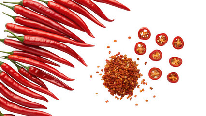 Red chili peppers, flakes, and slices isolated on transparent background
