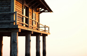 A wooden house on stilts extends over the water with warm sunlight illuminating its exterior