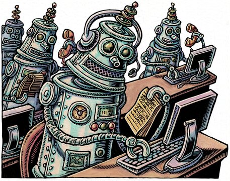 robots on telephones with scripts in a call center making spam robocalls