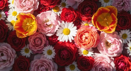 Artistic arrangement of multiple blooming flowers  roses, tulips, daisies 
