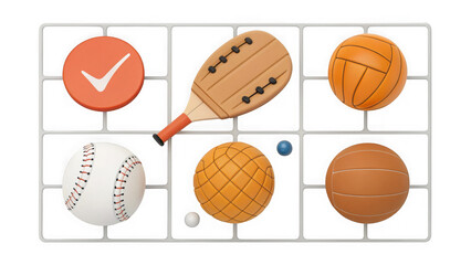 A collection of sports equipment arranged in a grid isolated on transparent background
