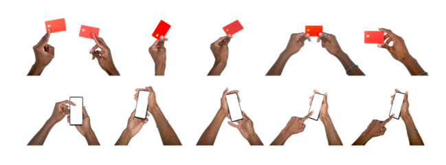 Hand holding smartphone and bank card in mockup set. Black skin male using digital device for tap