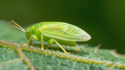 Close-up of a tiny leafhopper resting on a fresh green leaf, showing its delicate body, transparent wings and intricate details. The insect blends with natural foliage, representing nature, wildlife, 