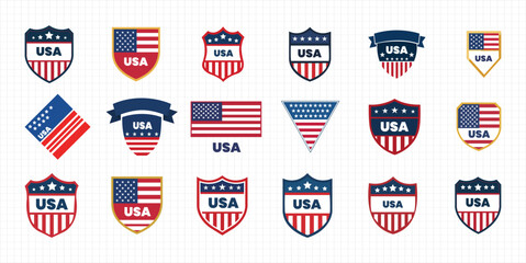 American Patriotism Emblems Set USA Flag Symbols in Red White Blue Icons Vector Illustrations Graphics Patriotic